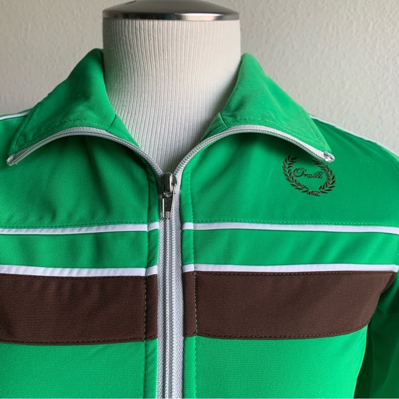O’Neill‎ retro green zipped jacket, polyester, brown stripe, Med but runs small - Picture 2 of 12